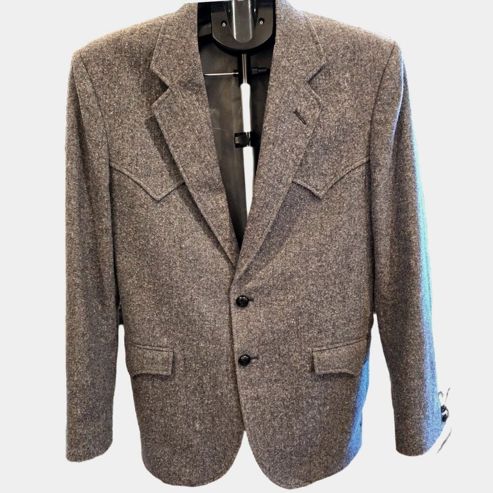 VTG 70s Circle S Western Sport Coat Mens 40R Gray Tweed Wool Blazer Ranch Yoke
